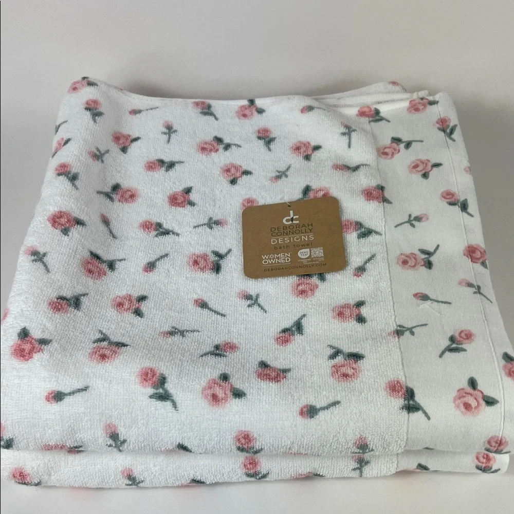 Deborah Connolly Bath Towels White with Pink Rose Floral Cotton Soft 2 Pc NEW